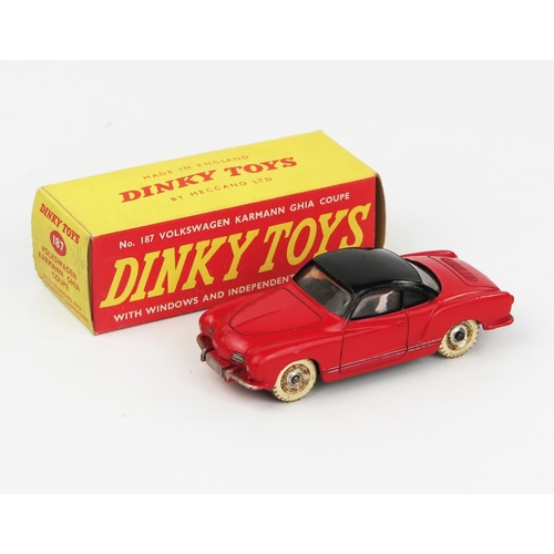 2085 - A Dinky 187 Volkswagen Karmann Ghia Coupe in red with black roof, spun hubs and white tyres in the c... 