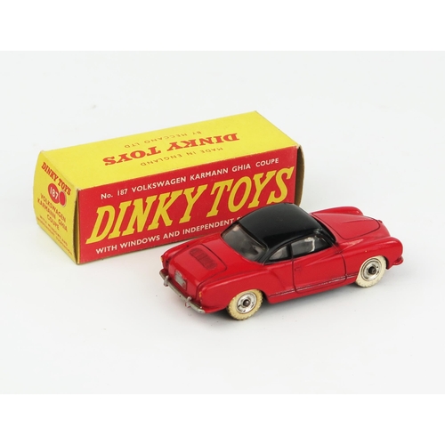 2085 - A Dinky 187 Volkswagen Karmann Ghia Coupe in red with black roof, spun hubs and white tyres in the c... 