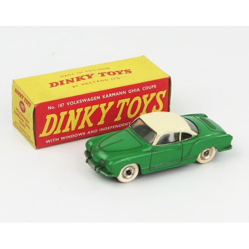 2086 - A Dinky 187 Volkswagen Karmann Ghia Coupe in green with cream roof, spun hubs and white tyres in the... 