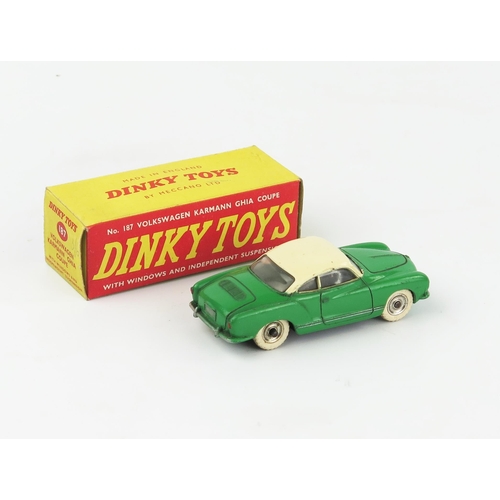 2086 - A Dinky 187 Volkswagen Karmann Ghia Coupe in green with cream roof, spun hubs and white tyres in the... 