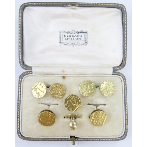 21 - Gold 'Bullet' Money Cufflink and Stud Set in a Harrod's of London box, high carat, 29.5g