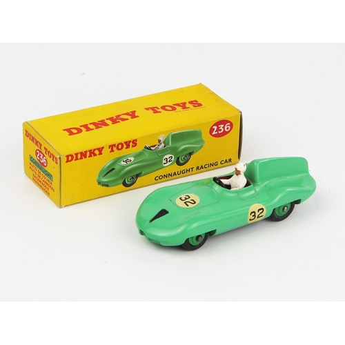 2100 - A Dinky Toys 236 Connaught Racing Car in pale green with red interior, mid green hubs RN '32' and wh... 