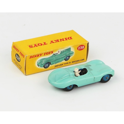 2103 - A Dinky Toys 238 Jaguar Type D in turquoise with blue interior and hubs, white driver in type 2 pict... 