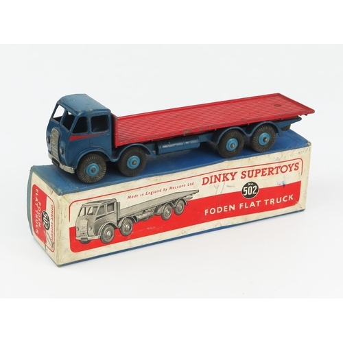 2147 - A Dinky Supertoys 502 Foden Flat Truck 1st type cab with dark blue cab and chassis, mid blue hubs, r... 