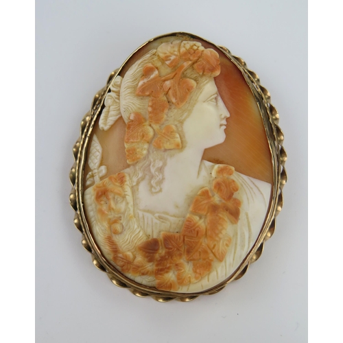 215 - Large 9ct Gold Shell Cameo Brooch decorated with the bust of a lady, 64x51mm, 23.4g