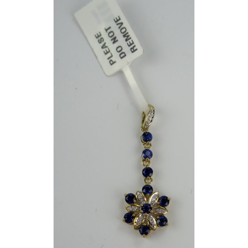 216 - Rocks & Co. 9ct Gold, Ceylon Sapphire and Diamond Pendant, 37.5mm drop, 1.46g, new and boxed with ce... 