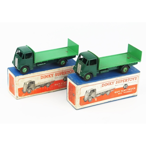 2169 - Two Dinky Supertoys 513 Guy Flat Trucks with tailboards (variations) both type 1 cab, dark Brunswick... 