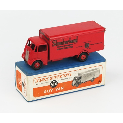 2171 - A Dinky Supertoys 514 Guy Van 'SLUMBERLANDS' 1st type cab, red cab, chassis, ridged hubs and body in... 