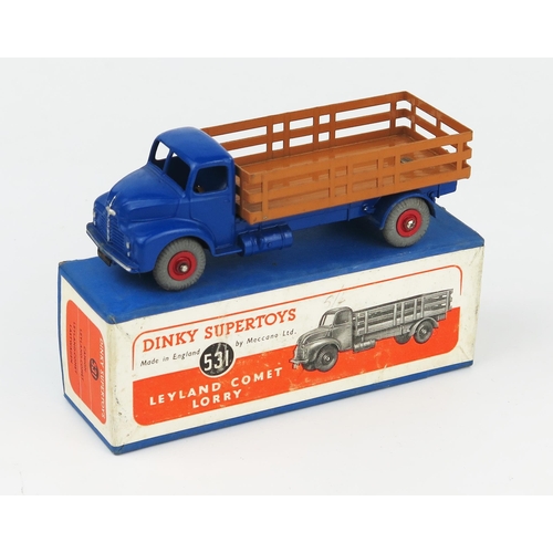 2188 - A Dinky Supertoys 531 Leyland Comet Lorry with Stake Body in dark blue with brown back, red hubs and... 