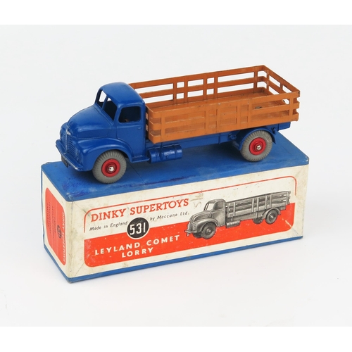 2189 - A Dinky Supertoys 531 Leyland Comet Lorry with Stake Body in dark blue with brown back, red hubs and... 