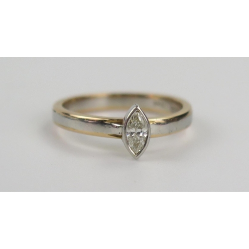 219 - Marquis Cut Diamond Solitaire Ring in an 18ct white and yellow gold setting, c. 5.3x2.8mm stone, siz... 