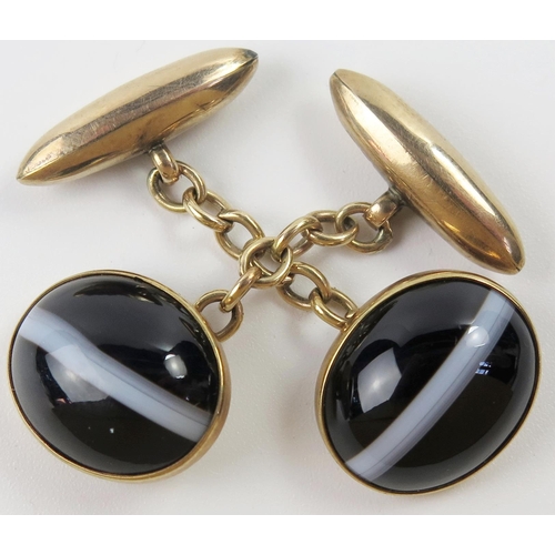 22 - 9ct Gold and banded Agate Cufflinks, 6.3g