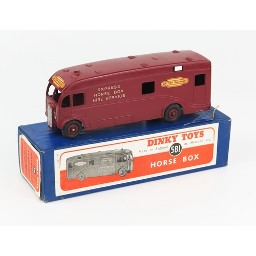 2203 - A Dinky Toys 581 Horse Box 'BRITISH RAILWAYS' in maroon with maroon hubs in blue box with orange lab... 