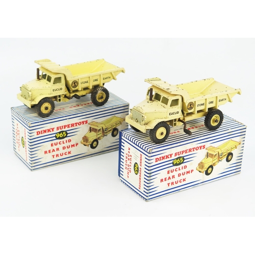 2217 - Two Dinky Supertoys 965 Euclid Rear Dump Trucks in pale yellow (seem faded) and yellow hubs in blue/... 