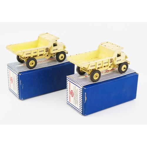 2217 - Two Dinky Supertoys 965 Euclid Rear Dump Trucks in pale yellow (seem faded) and yellow hubs in blue/... 