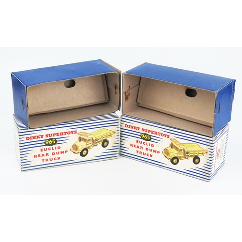 2217 - Two Dinky Supertoys 965 Euclid Rear Dump Trucks in pale yellow (seem faded) and yellow hubs in blue/... 