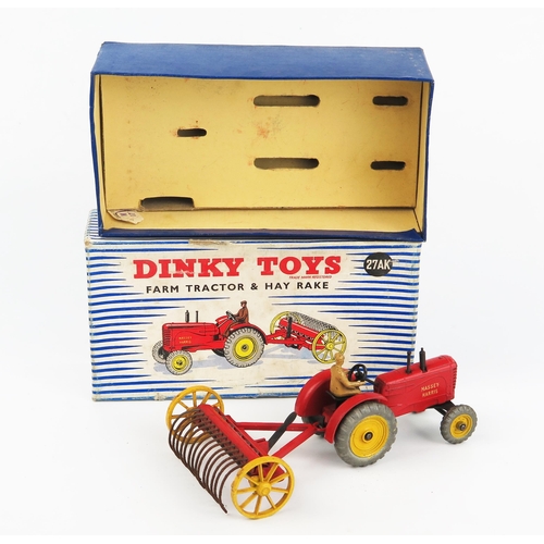 2243 - A Dinky Toys 27AK Farm Tractor & Hay Rake (MASSEY HARRIS) in red with yellow hubs with. Very good wi... 