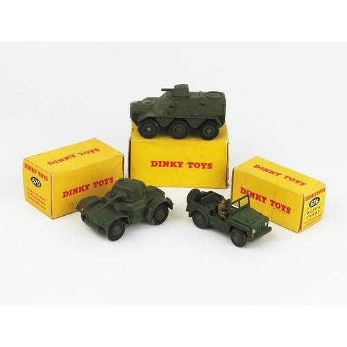 2265 - Three  Dinky Toys Army Vehicles all in early non-picture boxes - 670 Armoured Car, 674 Austin Champ ... 