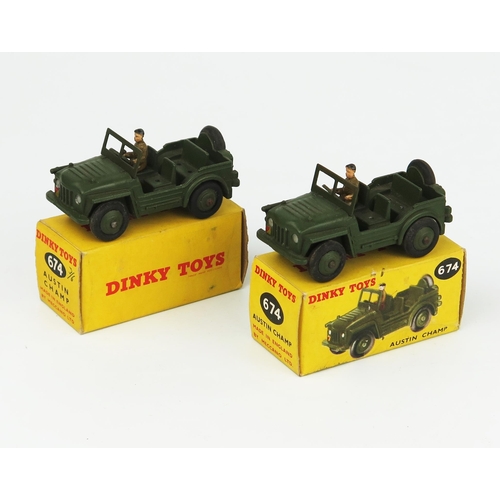 2266 - Two Dinky 674 Austin Champs in different boxes. Both with metal drivers and steering. Near mint in v... 