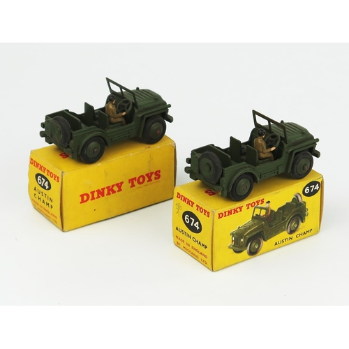 2266 - Two Dinky 674 Austin Champs in different boxes. Both with metal drivers and steering. Near mint in v... 