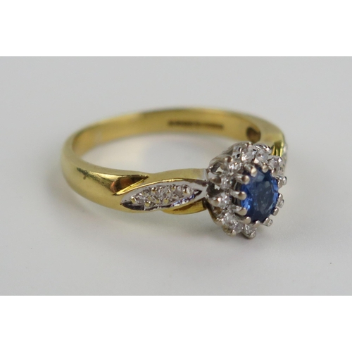 227 - 18ct Gold, Sapphire and Diamond Cluster Ring, 9.5x7.5mm head, size P, 5.2g