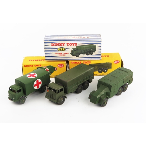 2274 - Three Dinky Toys Army Vehicles - 622 10 Ton Army Truck, 626 Military Ambulance and 677 Armoured Comm... 