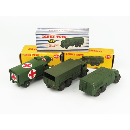 2274 - Three Dinky Toys Army Vehicles - 622 10 Ton Army Truck, 626 Military Ambulance and 677 Armoured Comm... 