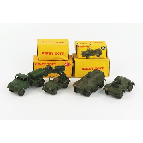 2275 - Four Dinky Toys Army Vehicles - 643 Army Water Tanker, 670 Armoured Car, 674 Austin Champ, 676 Armou... 