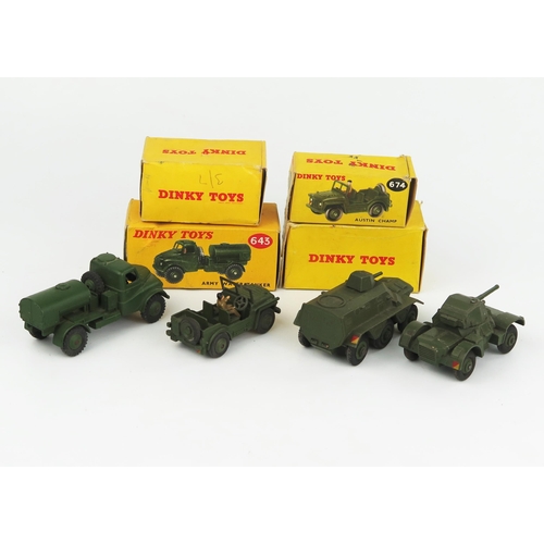 2275 - Four Dinky Toys Army Vehicles - 643 Army Water Tanker, 670 Armoured Car, 674 Austin Champ, 676 Armou... 