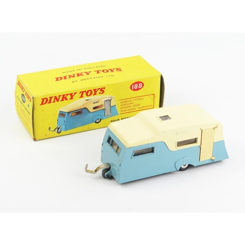 2293 - A Dinky Toys 188 Four Berth Caravan in blue/cream with spun hubs in light yellow picture box with co... 