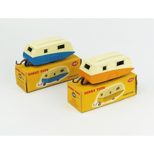 2294 - Two Dinky Toys 190 Streamline Caravans colour variations both with metal jockey wheels in correct co... 