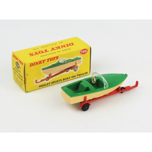 2302 - A Dinky Toys 796 Healey Sports Boat on Trailer in green with cream hull and orange trailer. Near min... 