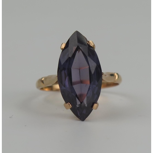 231 - Alexandrite Marquise Cut Ring in an Egyptian gold setting, the 20x10mm stone with a good range of co... 