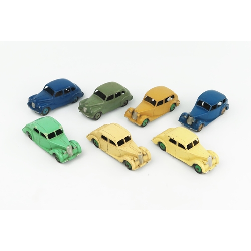 2335 - Seven Dinky Cars - three 40a Riley Saloon variations, 40b Triumph 1800 Saloon variations and two 40d... 