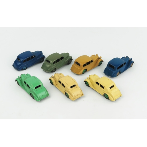 2335 - Seven Dinky Cars - three 40a Riley Saloon variations, 40b Triumph 1800 Saloon variations and two 40d... 