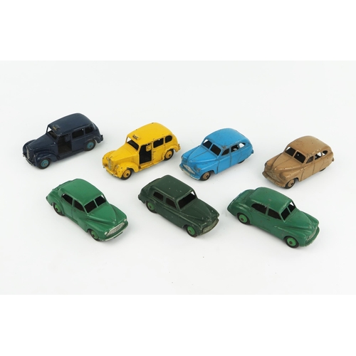 2336 - Seven Dinky Toys Cars - two 40E Standard Vanguard variations, 40F Hillman Minx, two 40G Morris Oxfor... 