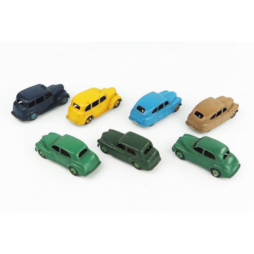 2336 - Seven Dinky Toys Cars - two 40E Standard Vanguard variations, 40F Hillman Minx, two 40G Morris Oxfor... 