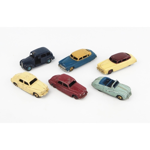 2337 - Six Dinky Toys Cars - 40h Austin FX3 Taxi, two 139B Hudson Commodore Sedan variations, 140A Austin A... 