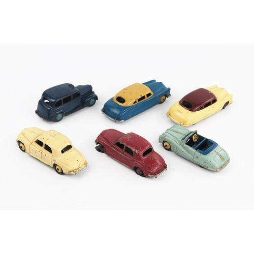 2337 - Six Dinky Toys Cars - 40h Austin FX3 Taxi, two 139B Hudson Commodore Sedan variations, 140A Austin A... 