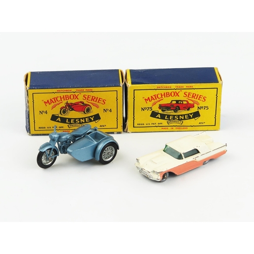 2352 - Matchbox Regular Wheel pair (1) 4c Triumph T110 and Sidecar - met. blue, C type box (2) 75a Ford Thu... 