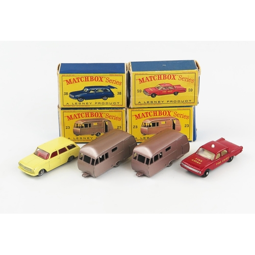 2355 - Four Matchbox Regular Wheels in D type boxes - (1) 23c Bluebird Dauphine Caravan - metallic mauve, l... 