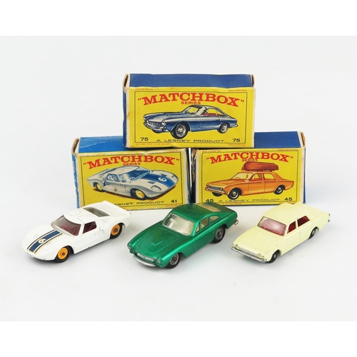 2357 - Three Matchbox Regular Wheels Cars in E type boxes - (1) 45b Ford Corsair - silver painted base, (2)... 