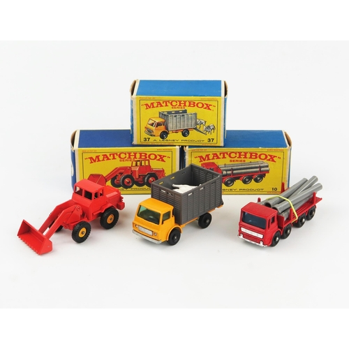 2358 - Three Matchbox Regular Wheels in E type boxes - (1) 10d Leyland Pipe Truck, (2) 37c Dodge Cattle Tru... 