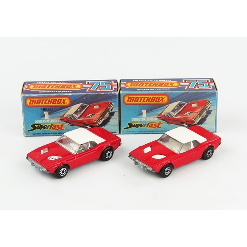 2364 - Matchbox Superfast 1c Dodge Challenger pair - both in red with 5 arch wheels, white roof and unpaint... 