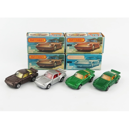 2366 - Matchbox Superfast 3c Porsche Turbo group - (1) metallic brown, gloss black base, yellow cream inter... 