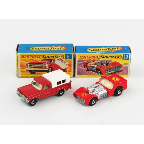 2370 - Matchbox Superfast G type box pair - (1) 6a Ford Pick-Up - hollow narrow wheels, aqua base, (2) 19b ... 