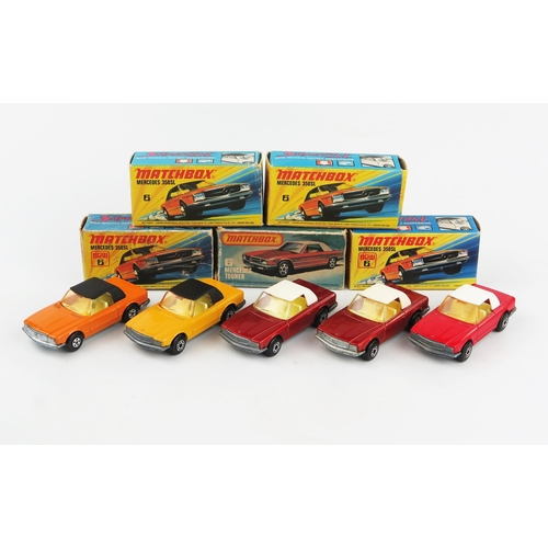 2371 - Matchbox Superfast 6b Mercedes 350SL group - (1) orange, amber windscreen, black roof, yellow-cream ... 