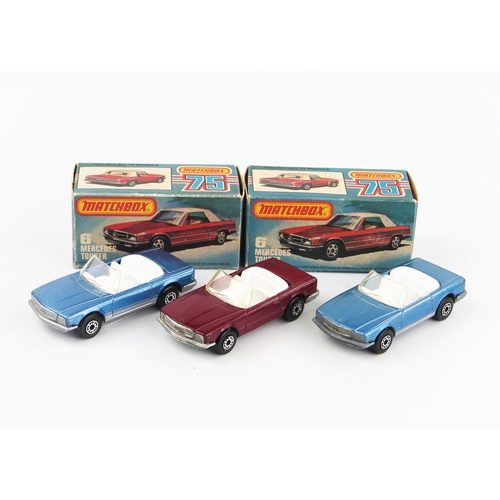 2372 - Matchbox Superfast 6b Mercedes 350SL trio - (1,2) different shades of blue, one unpainted base, one ... 