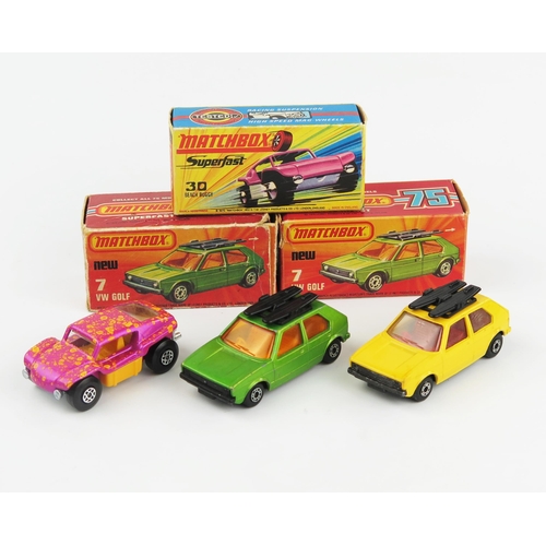 2373 - Matchbox Superfast trio - (1) 30b Beach Buggy, (2) 7c VW Golf in lime green, yellow interior, matt b... 