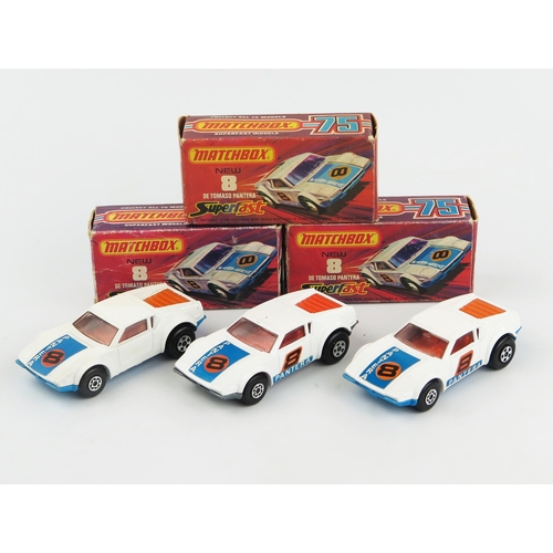 2374 - Matchbox Superfast 8c De Tomaso Pantera trio - all with orange interior (1) with bonnet and side lab... 